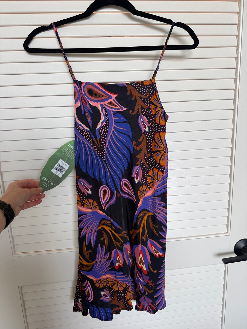 FARM Rio Black Slip Dress with Purple, Pink and Orange Floral Print